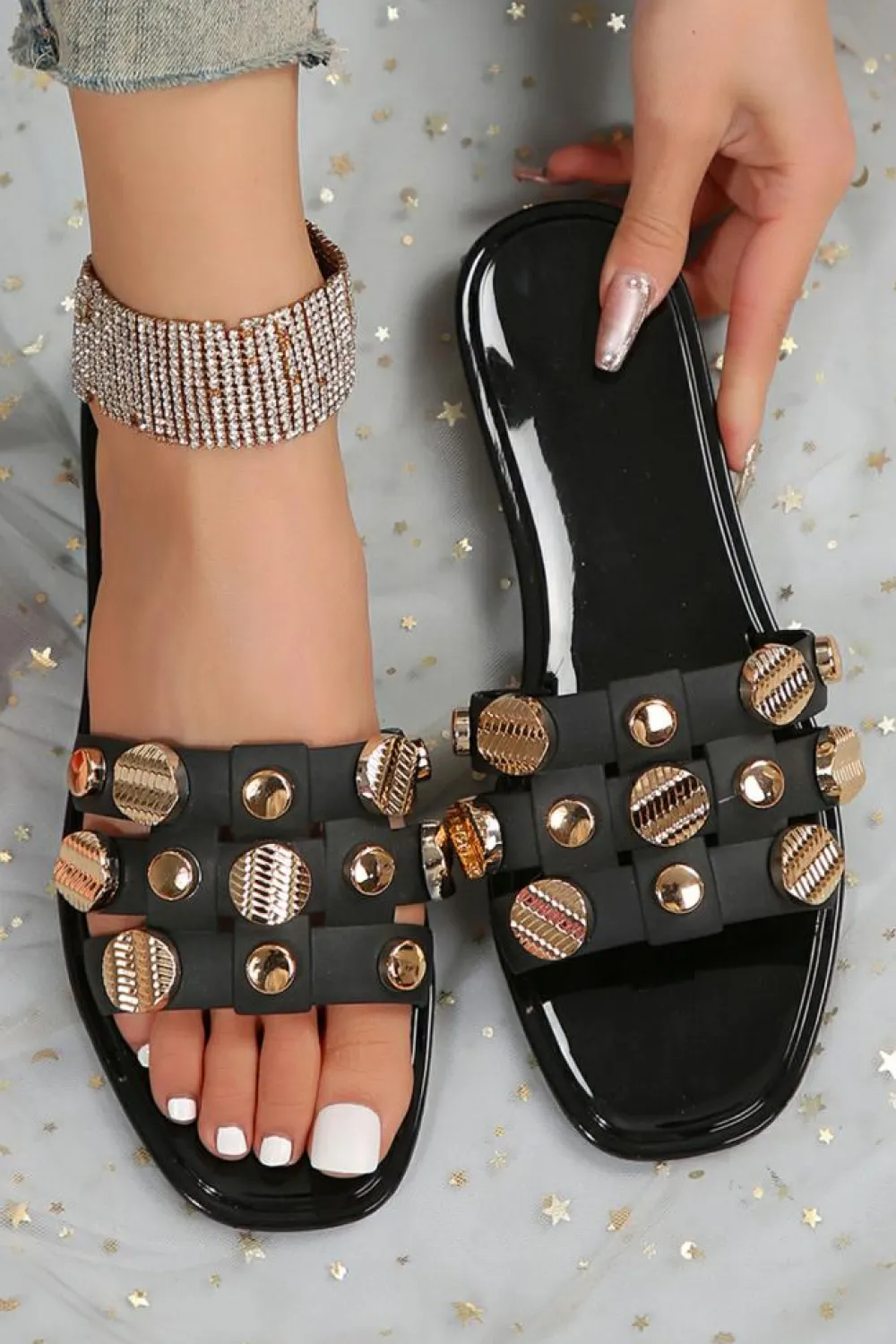 Fashion Dear-Lover Metal Decor Braided Square Toe Flat Slippers Black