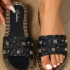 Fashion Dear-Lover Metal Decor Braided Pattern PU Leather Slippers Black
