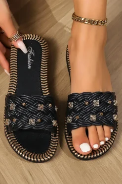 Fashion Dear-Lover Metal Decor Braided Pattern PU Leather Slippers Black