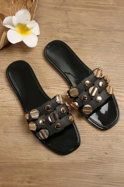 Fashion Dear-Lover Metal Decor Braided Square Toe Flat Slippers Black