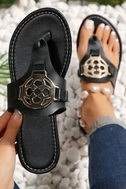 Outlet Dear-Lover Metal Decor Leather Thong Slippers Black