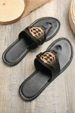 Outlet Dear-Lover Metal Decor Leather Thong Slippers Black