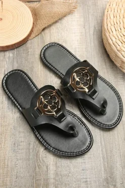 Outlet Dear-Lover Metal Decor Leather Thong Slippers Black