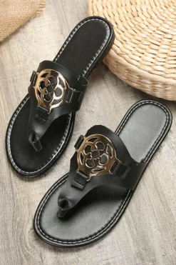Outlet Dear-Lover Metal Decor Leather Thong Slippers Black