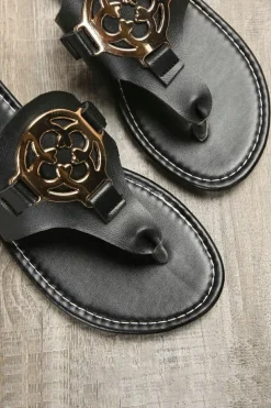 Outlet Dear-Lover Metal Decor Leather Thong Slippers Black