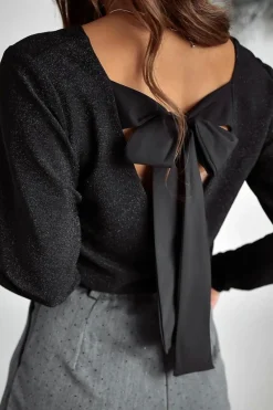 Hot Dear-Lover Metallic Bowknot Open Back V Neck Top Black
