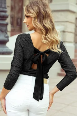Hot Dear-Lover Metallic Bowknot Open Back V Neck Top Black