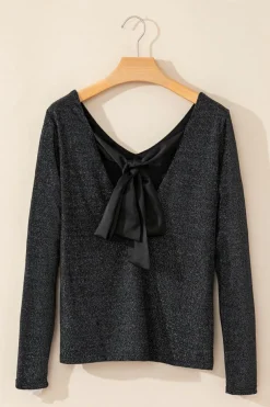 Hot Dear-Lover Metallic Bowknot Open Back V Neck Top Black