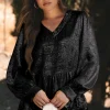 Discount Dear-Lover Metallic Frilled V Neck Puff Sleeve Babydoll Blouse Black