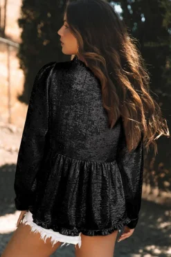 Discount Dear-Lover Metallic Frilled V Neck Puff Sleeve Babydoll Blouse Black