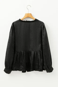 Discount Dear-Lover Metallic Frilled V Neck Puff Sleeve Babydoll Blouse Black