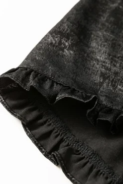 Discount Dear-Lover Metallic Frilled V Neck Puff Sleeve Babydoll Blouse Black