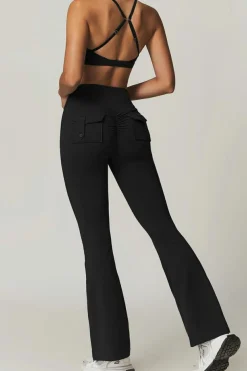 Hot Dear-Lover Mid Rise Back Buttoned Flap Pocket Sports Flared Leggings Black