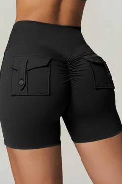 Hot Dear-Lover Mid Rise Back Buttoned Flap Pocket Active Shorts Black
