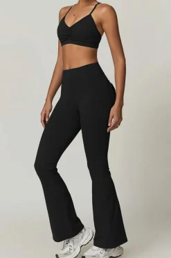 Hot Dear-Lover Mid Rise Back Buttoned Flap Pocket Sports Flared Leggings Black