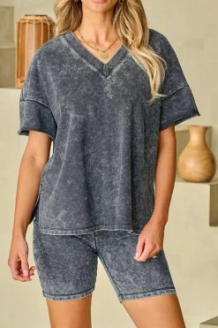 Online Dear-Lover Mineral Washed Oversized T Shirt and Shorts Set Black