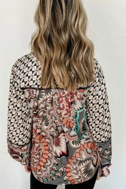 Discount Dear-Lover Mixed Floral Geometric Print Ruffled Long Sleeve Blouse Black