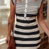 Best Dear-Lover Mixed Striped Print Half Placket Collared Cap Sleeve Bodycon Sweater Dress Black