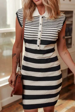 Best Dear-Lover Mixed Striped Print Half Placket Collared Cap Sleeve Bodycon Sweater Dress Black