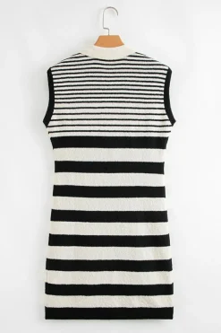 Best Dear-Lover Mixed Striped Print Half Placket Collared Cap Sleeve Bodycon Sweater Dress Black