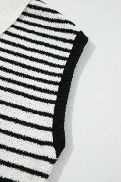 Best Dear-Lover Mixed Striped Print Half Placket Collared Cap Sleeve Bodycon Sweater Dress Black