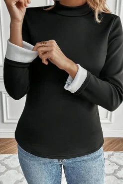 Hot Dear-Lover Mock Neck Thermal Lined Long Sleeve Tee Black