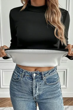 Hot Dear-Lover Mock Neck Thermal Lined Long Sleeve Tee Black