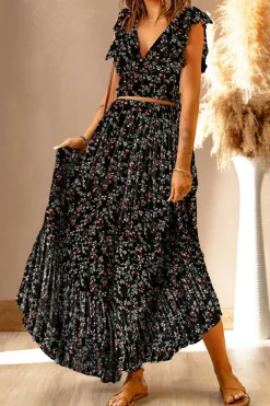 Best Dear-Lover Black Multicolor Floral Ruffled Crop Top and Maxi Skirt Set Black-2