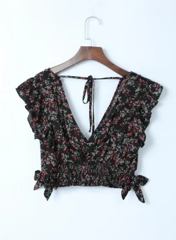 Best Dear-Lover Black Multicolor Floral Ruffled Crop Top and Maxi Skirt Set Black-2