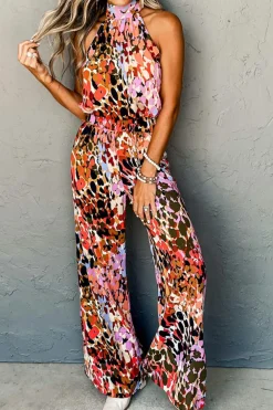 Clearance Dear-Lover Multicolor Leopard Print Halter Tank Top and Pants Set Black