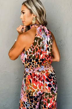 Clearance Dear-Lover Multicolor Leopard Print Halter Tank Top and Pants Set Black