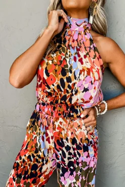 Clearance Dear-Lover Multicolor Leopard Print Halter Tank Top and Pants Set Black