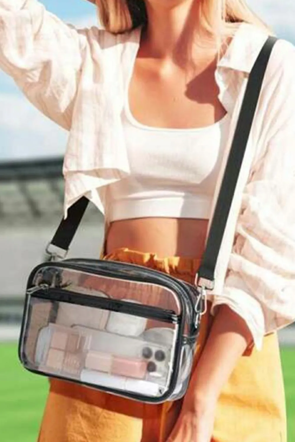 Fashion Dear-Lover Multi-Pocket Contrast Edge Detachable Strap Clear Shoulder Bag Black
