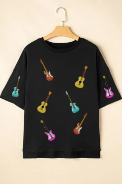 Hot Dear-Lover Music Lovers Sequined Guitars Dropped Shoulder T Shirt Black