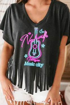 Outlet Dear-Lover Nashville Forever V Neck Fringed Graphic Tee Black