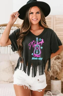 Outlet Dear-Lover Nashville Forever V Neck Fringed Graphic Tee Black