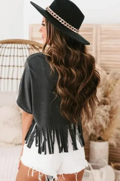 Outlet Dear-Lover Nashville Forever V Neck Fringed Graphic Tee Black