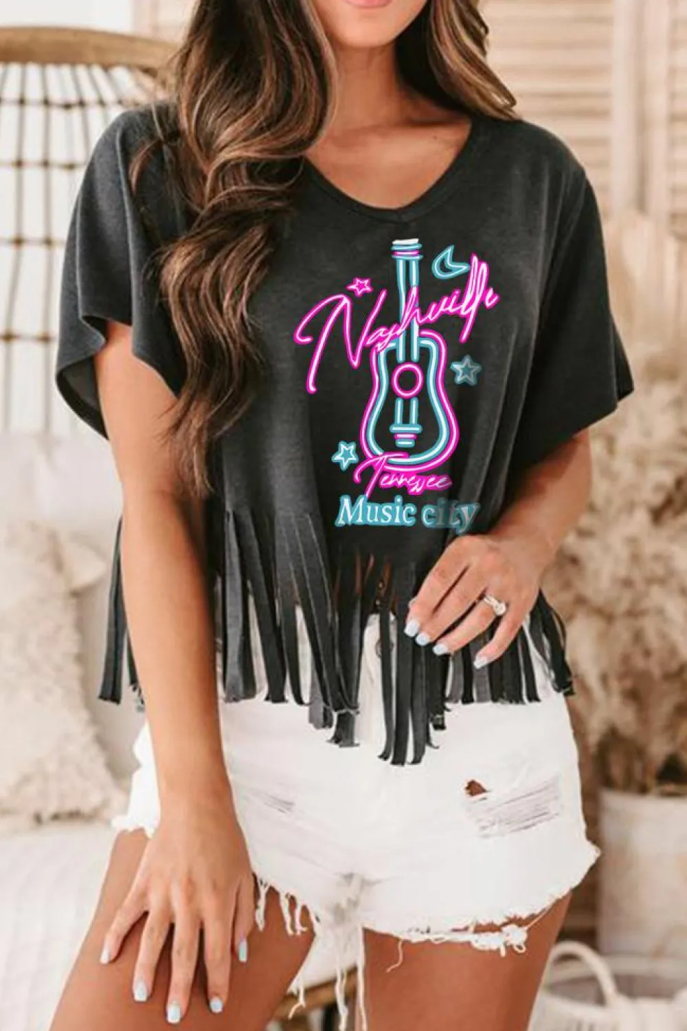 Outlet Dear-Lover Nashville Forever V Neck Fringed Graphic Tee Black