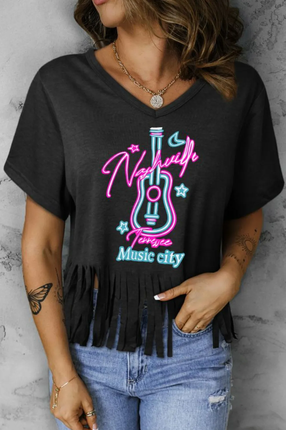 Outlet Dear-Lover Nashville Forever V Neck Fringed Graphic Tee Black