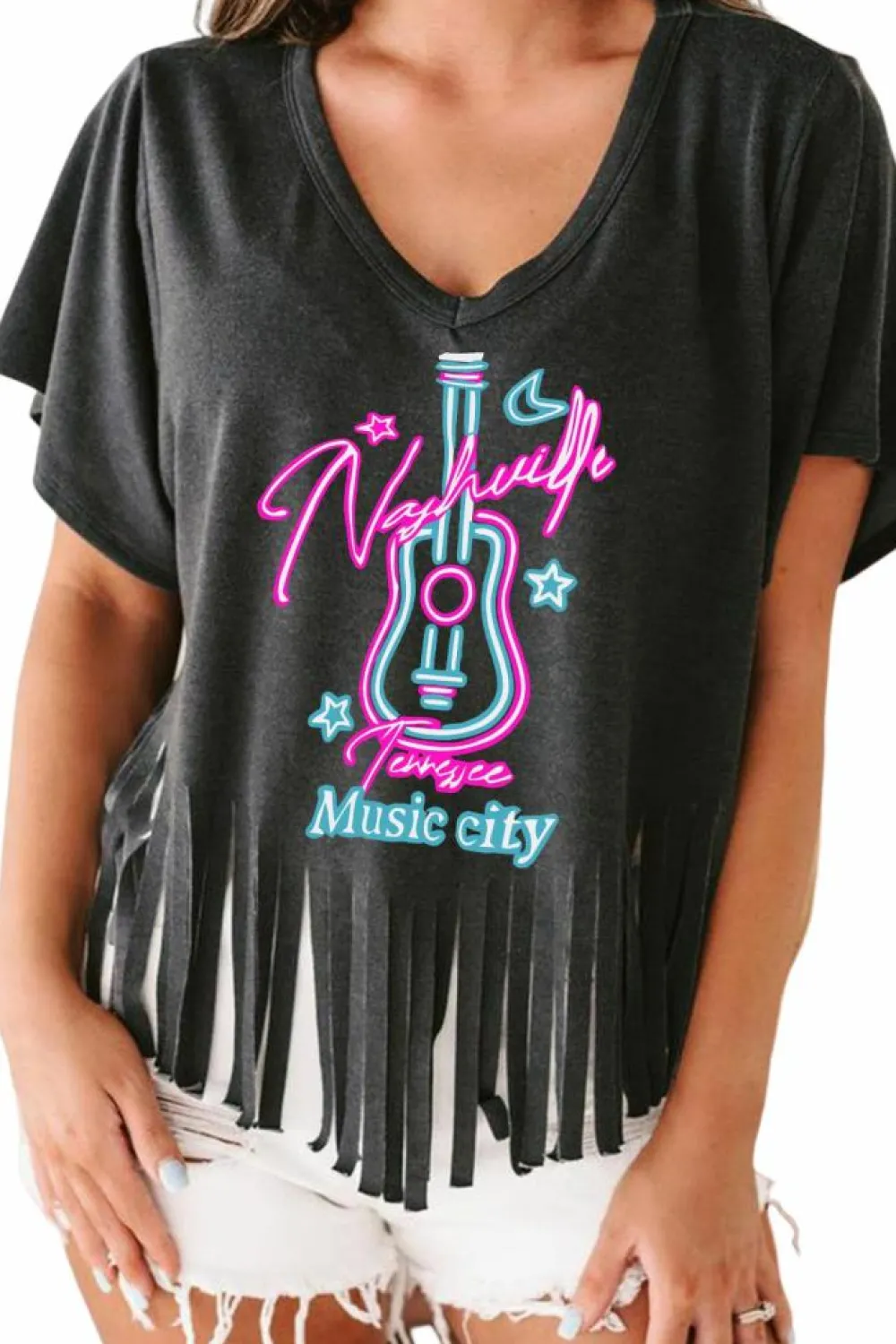 Outlet Dear-Lover Nashville Forever V Neck Fringed Graphic Tee Black
