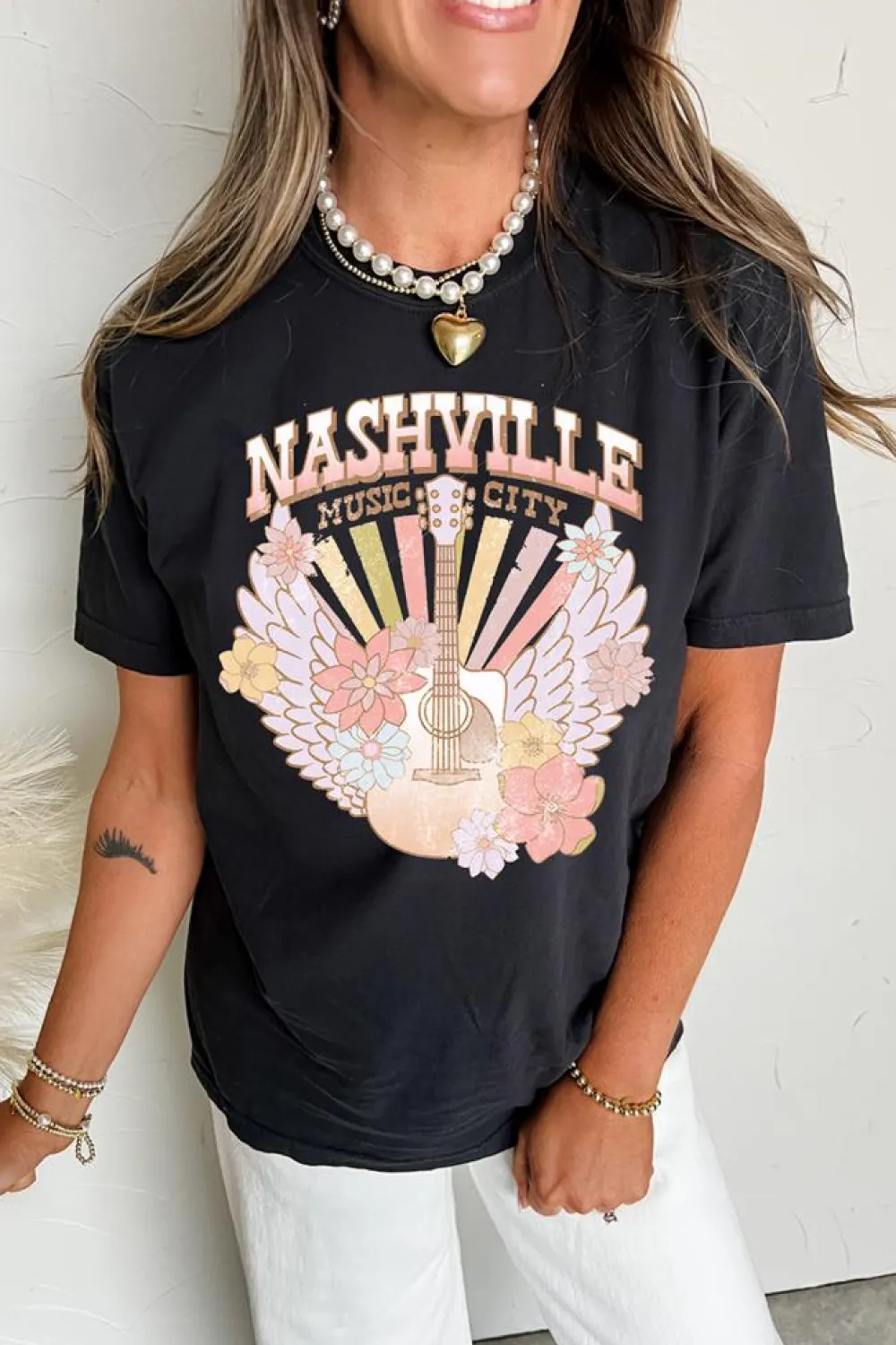 Fashion Dear-Lover Nashville Music City Guitar Angel Wing Graphic Tee Black
