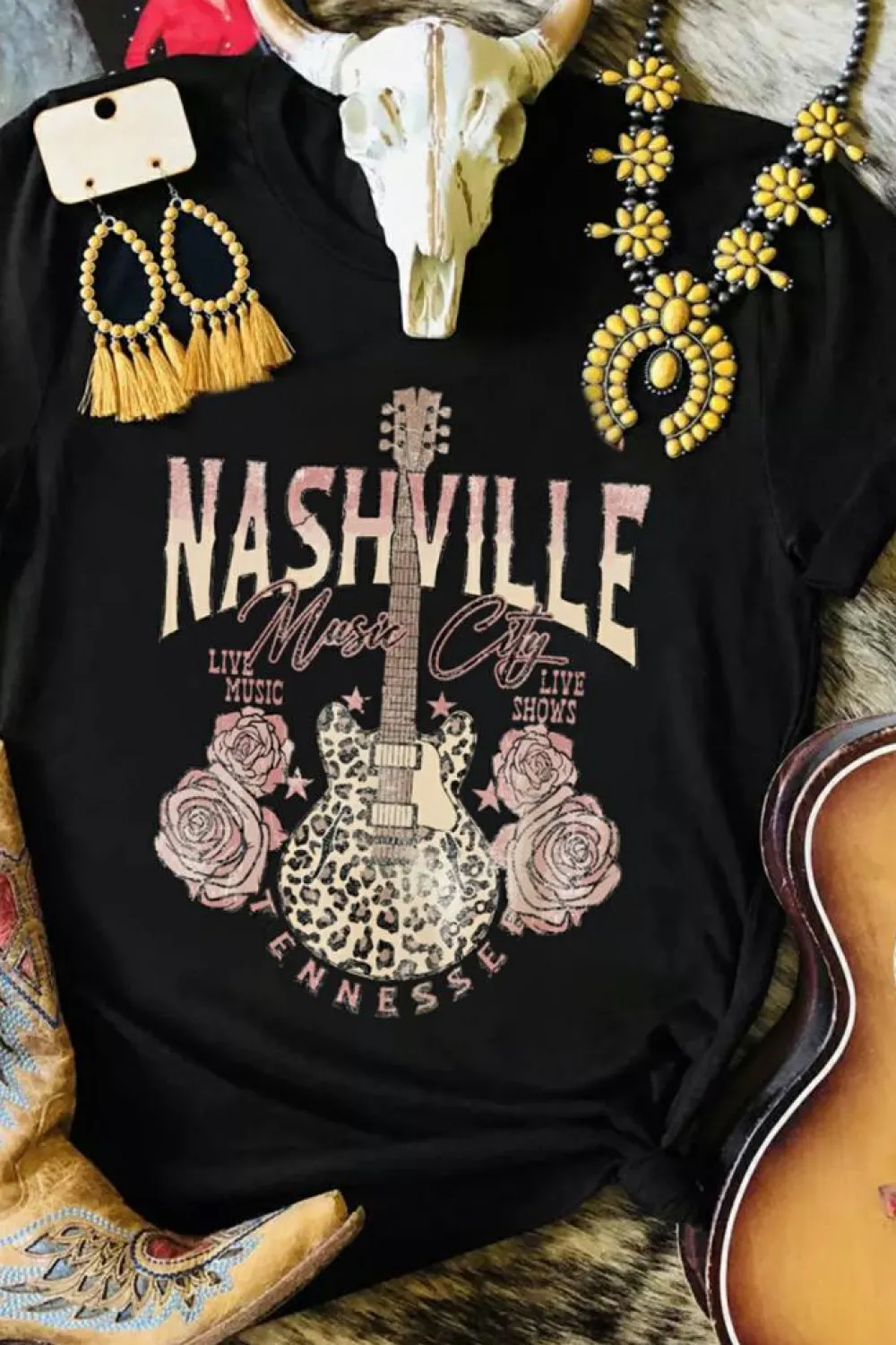 Best Dear-Lover Nashville Music City Leopard Guitar Graphic T Shirt Black