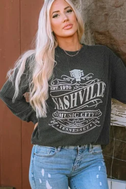 Clearance Dear-Lover NASHVILLE MUSIC CITY Corded Graphic Sweatshirt Black