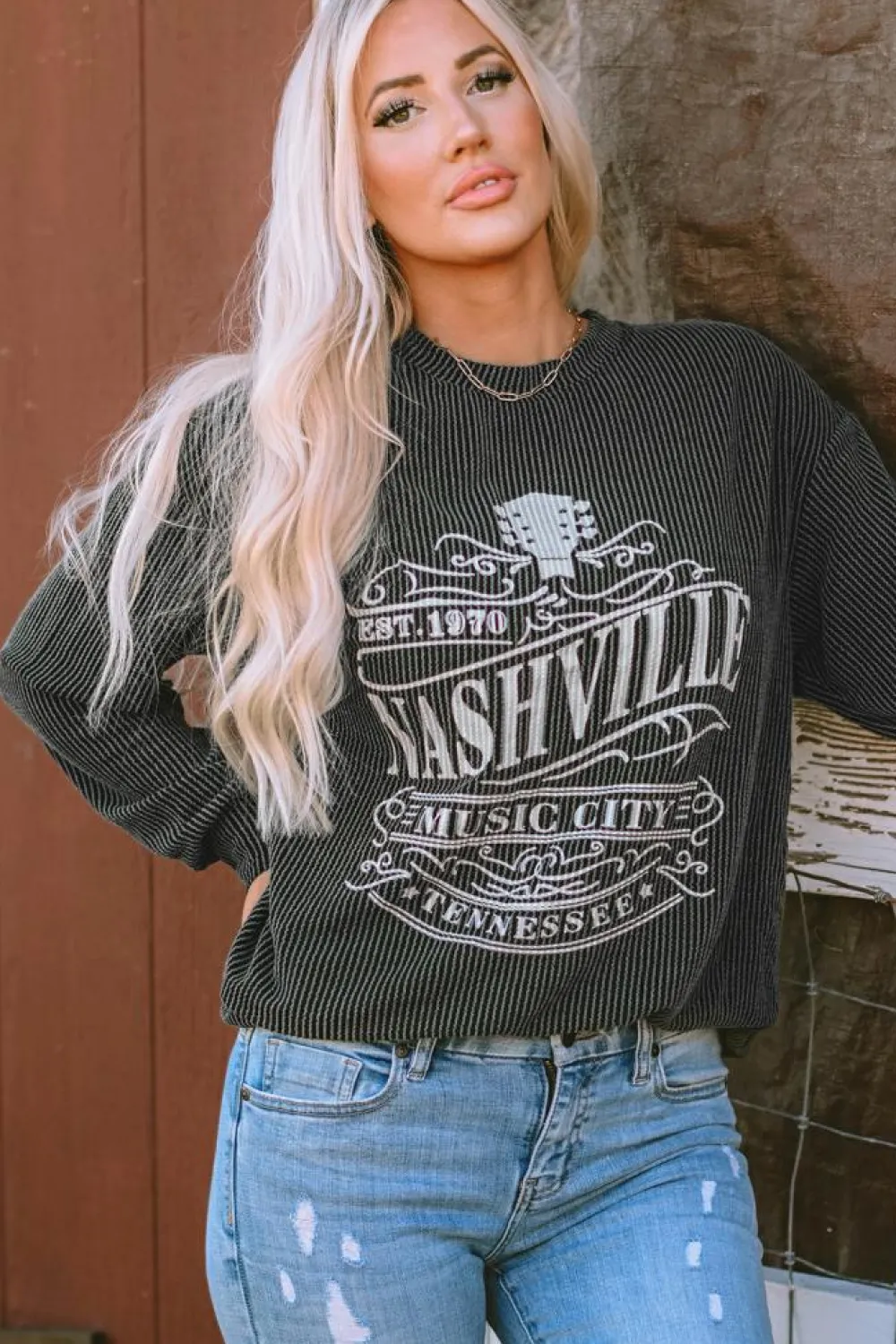 Clearance Dear-Lover NASHVILLE MUSIC CITY Corded Graphic Sweatshirt Black