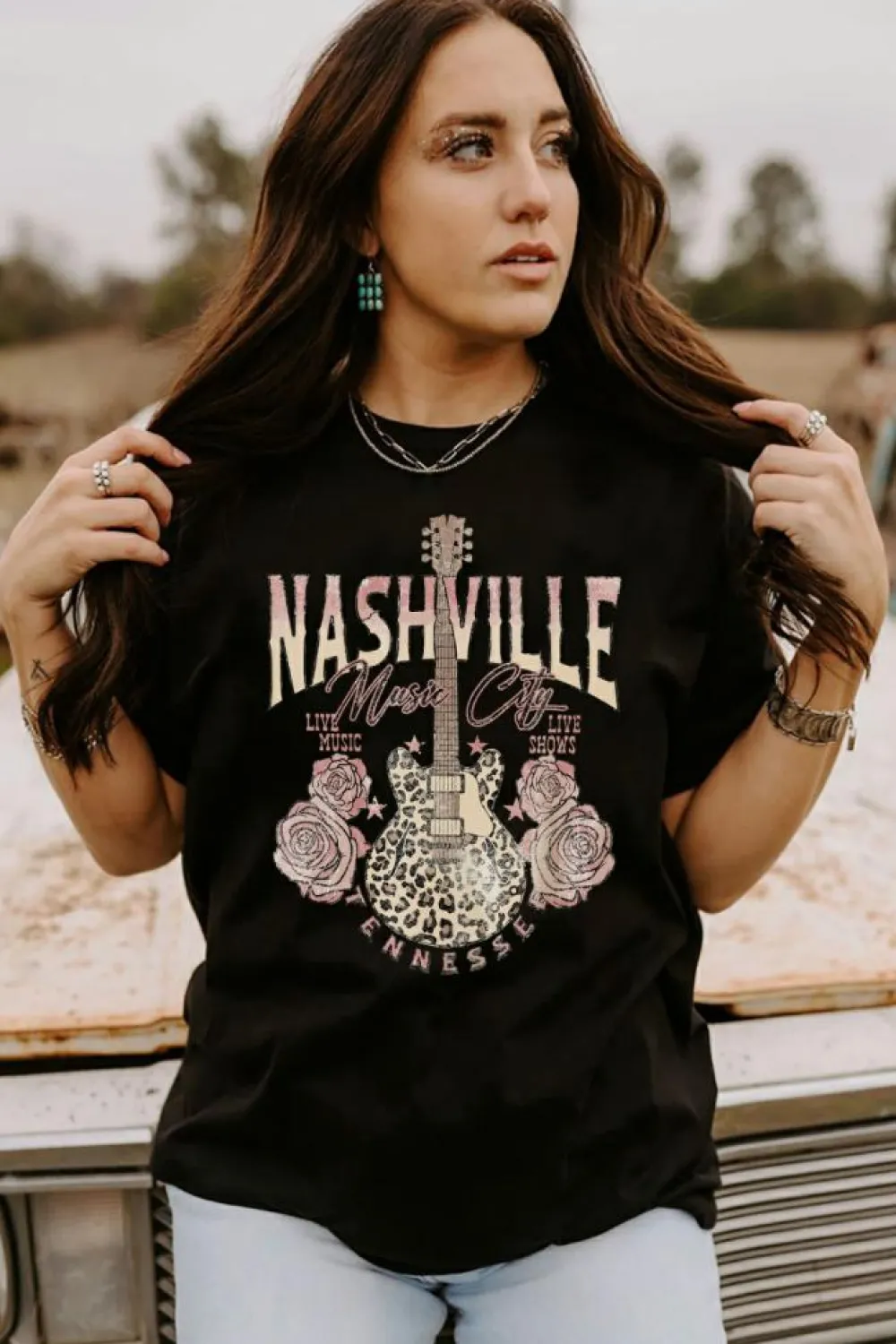 Best Dear-Lover Nashville Music City Leopard Guitar Graphic T Shirt Black