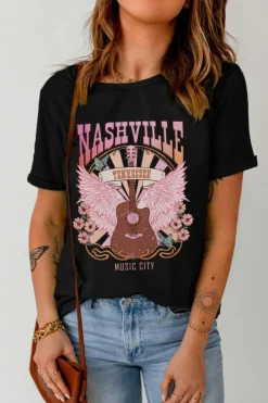 Hot Dear-Lover NASHVILLE Music City Graphic Print Short Sleeve Top Black