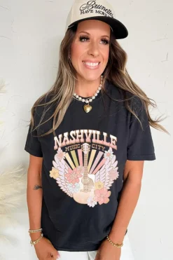 Fashion Dear-Lover Nashville Music City Guitar Angel Wing Graphic Tee Black