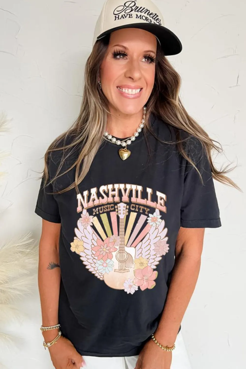 Fashion Dear-Lover Nashville Music City Guitar Angel Wing Graphic Tee Black