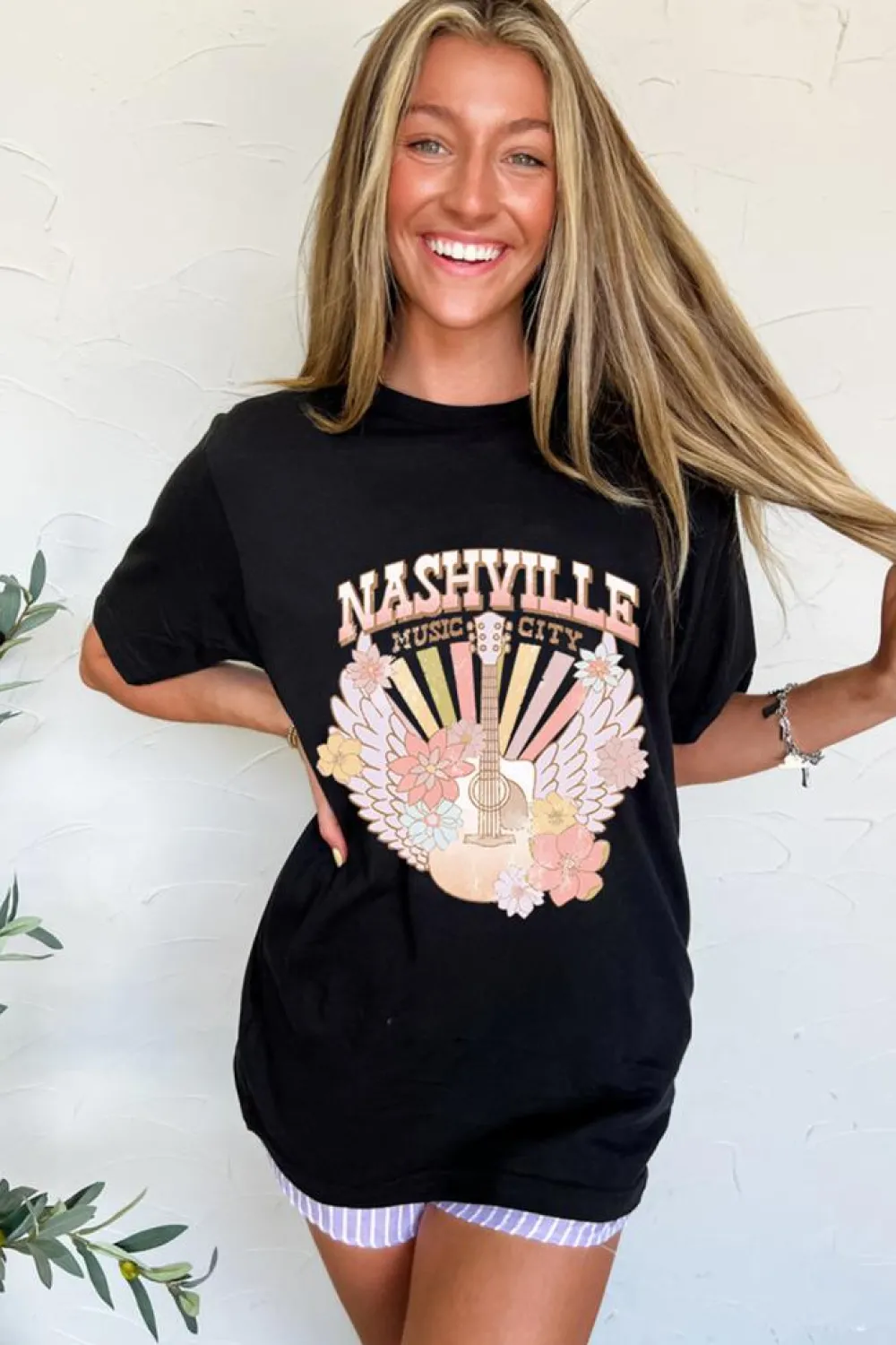 Fashion Dear-Lover Nashville Music City Guitar Angel Wing Graphic Tee Black