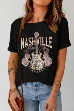 Best Dear-Lover Nashville Music City Leopard Guitar Graphic T Shirt Black